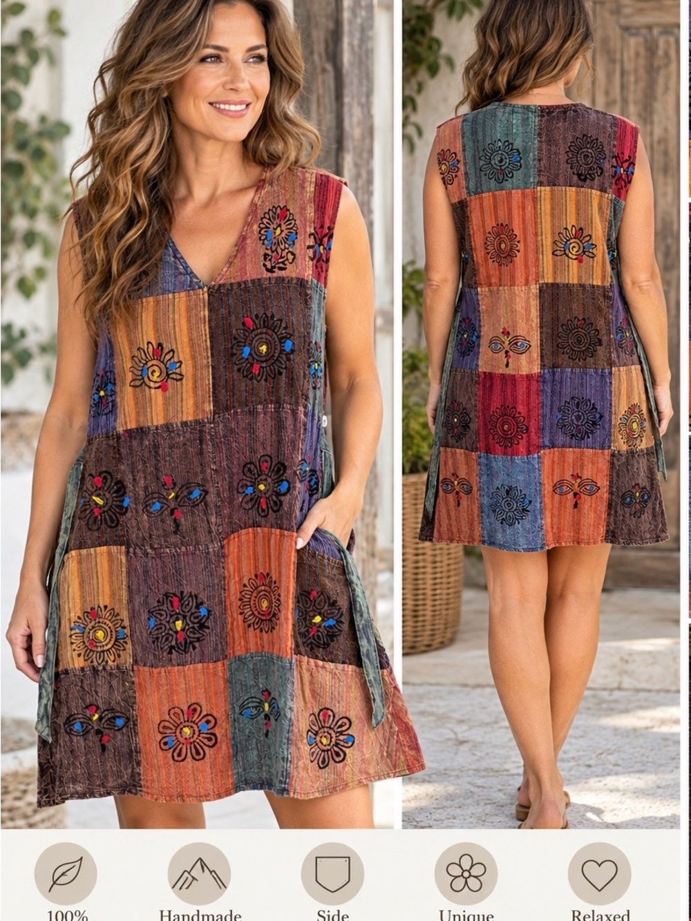 Rhea handmade in Nepal Boho Patchwork Dress • 100% cotton NWT